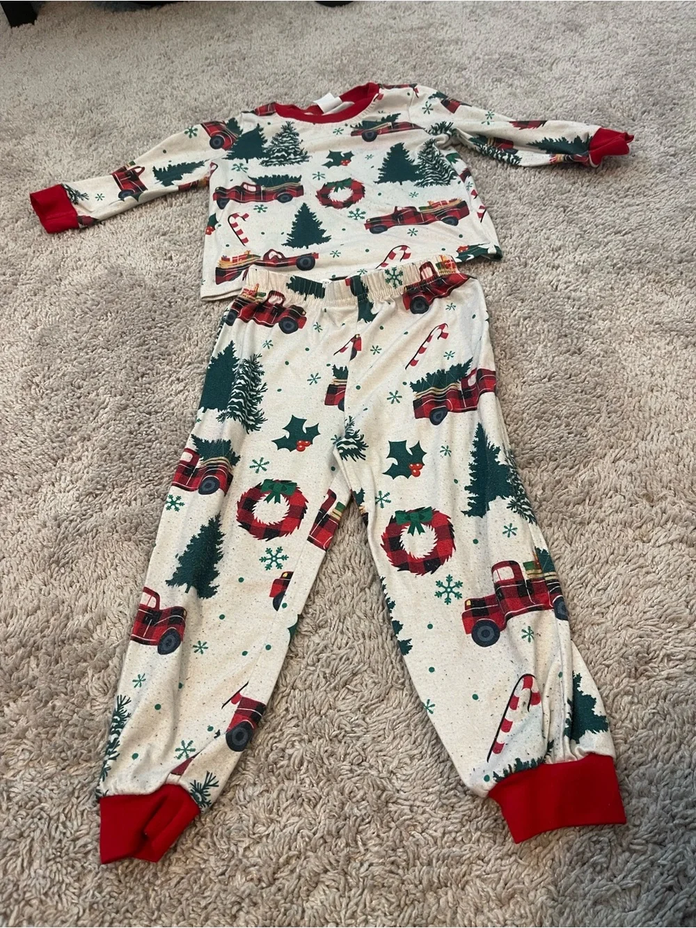 Kids Holiday Pajama Set with Red Truck Print - Red & Green